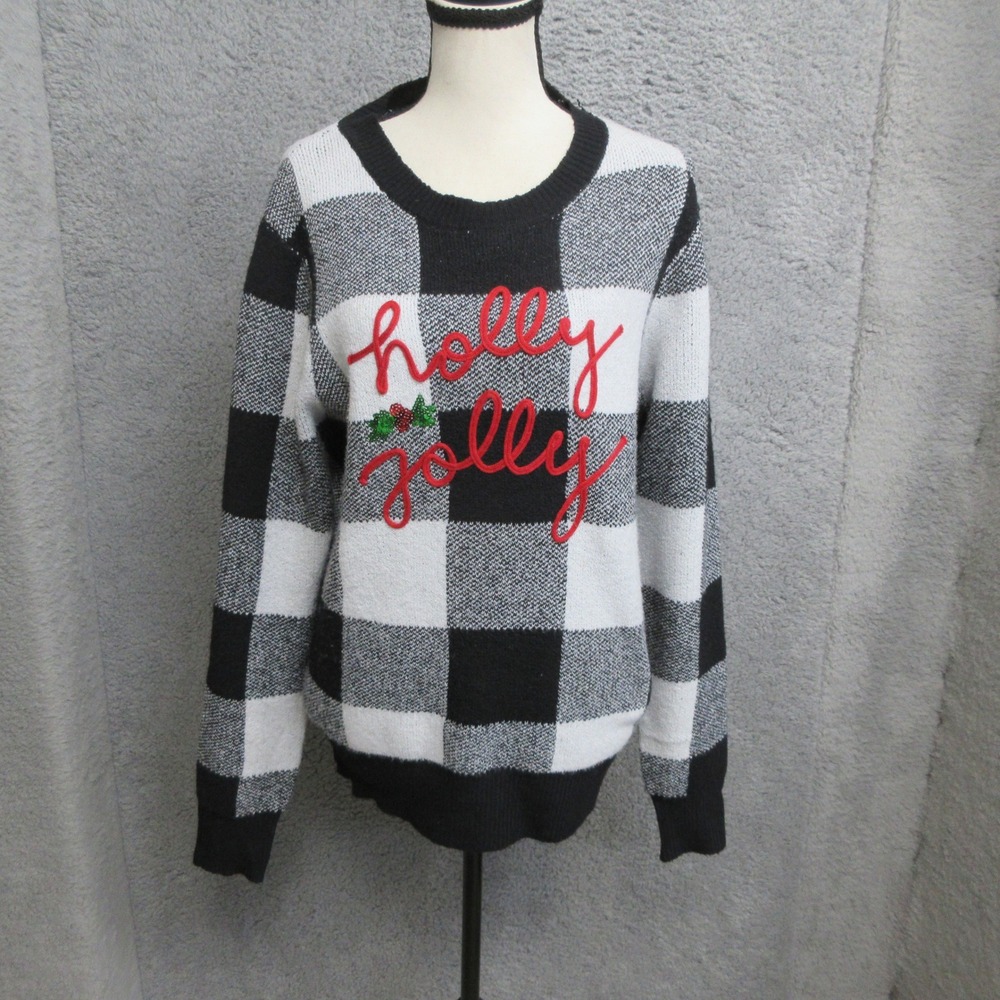 Christmas Sweater Women M Black White Buffalo Check Holly Jolly Festive Cozycore